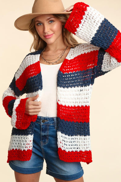 Red, White & Blue Stripe Open Knit Cardigan