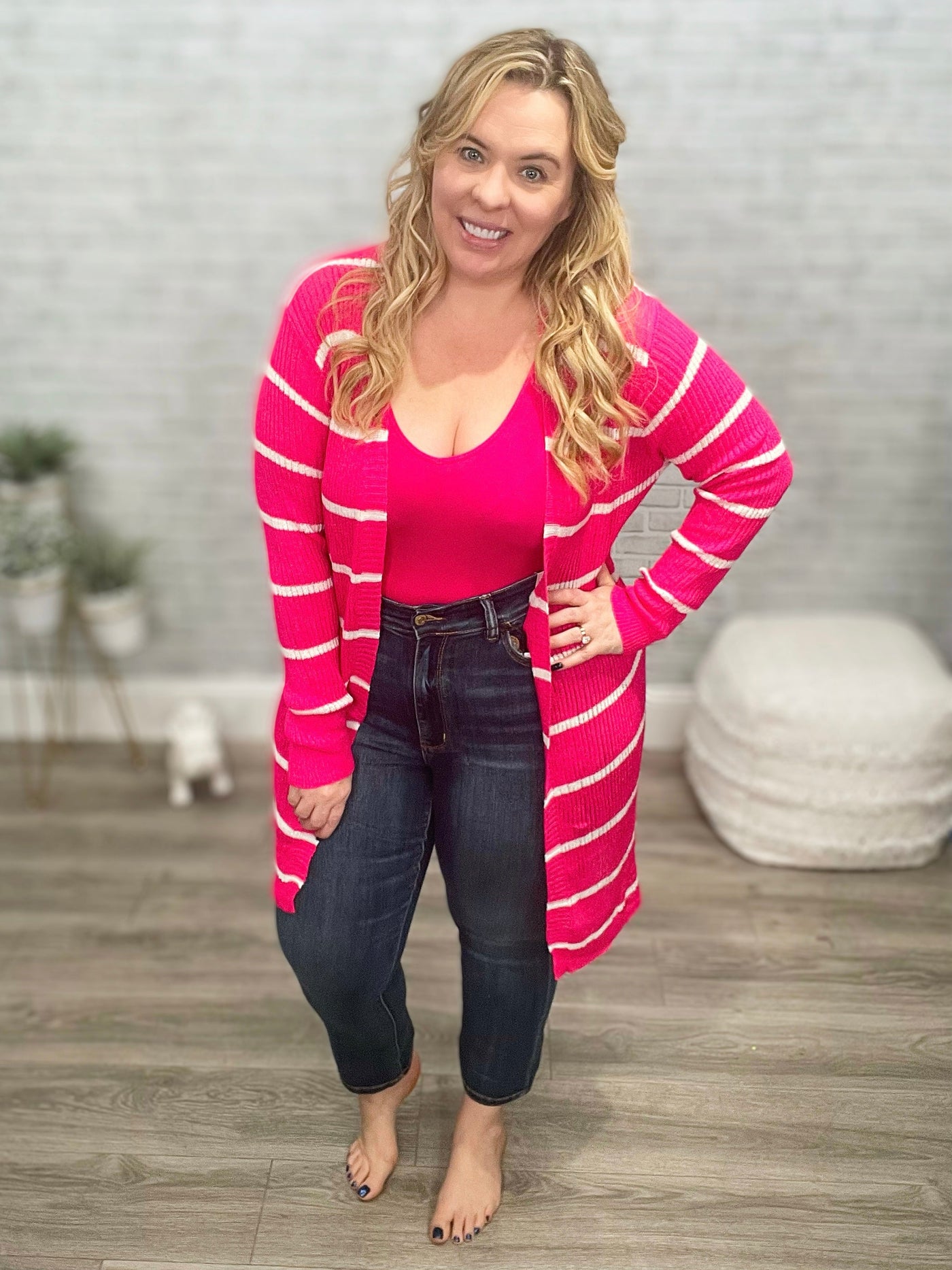 Hot Pink and White Striped Lightweight Cardigan - Jess Lea