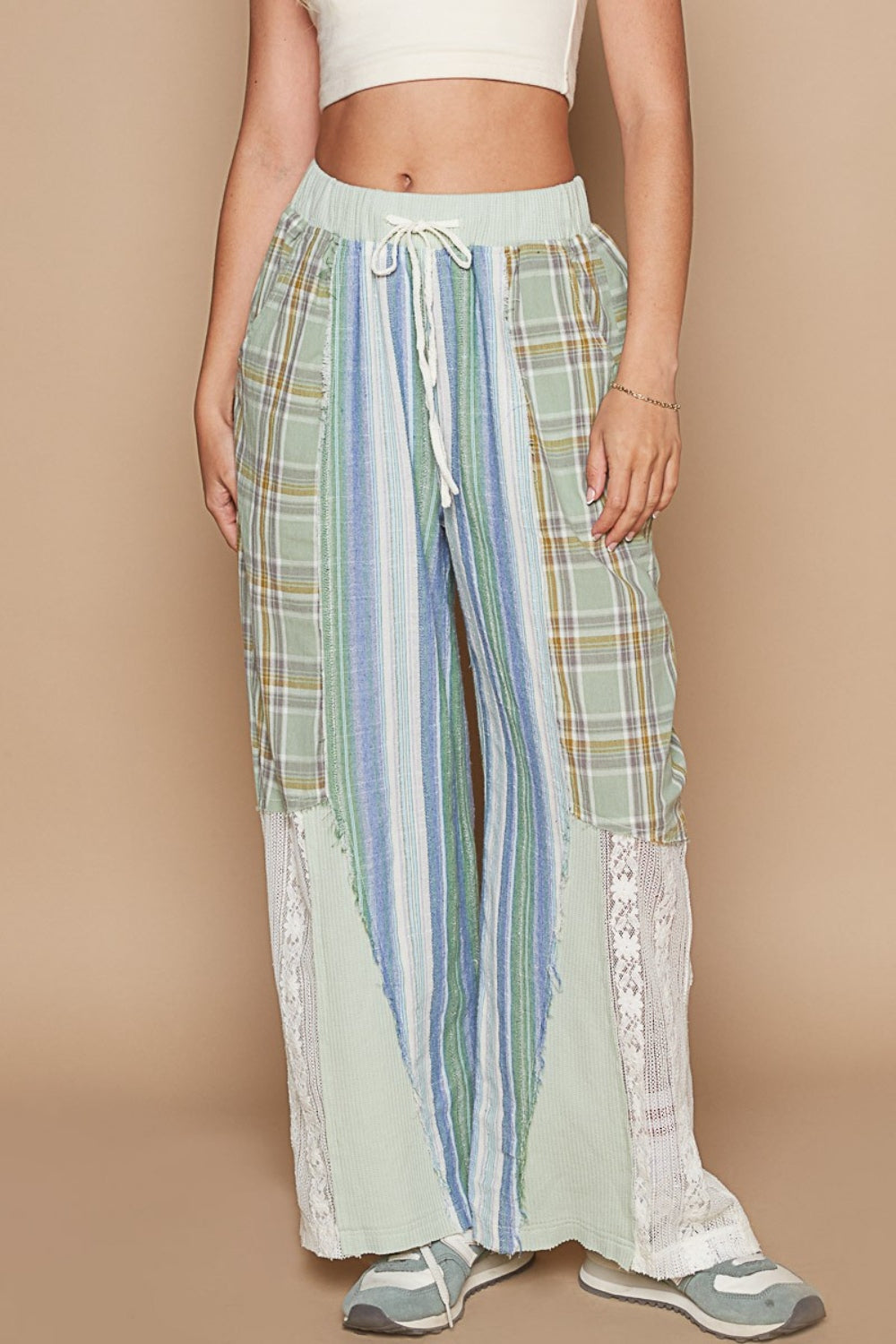 POL Drawstring Multi Print Plaid Lace Wide Leg Pants