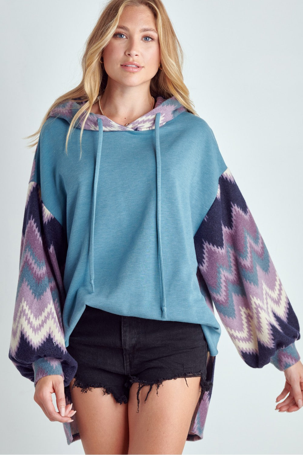 Zig Zag Print Teal Hoodie Sweatshirt