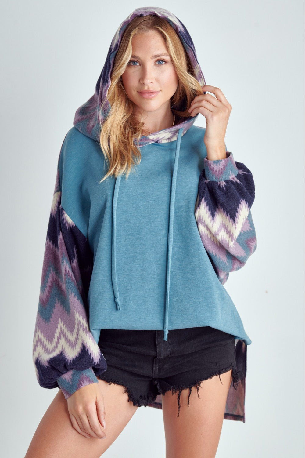 Zig Zag Print Teal Hoodie Sweatshirt