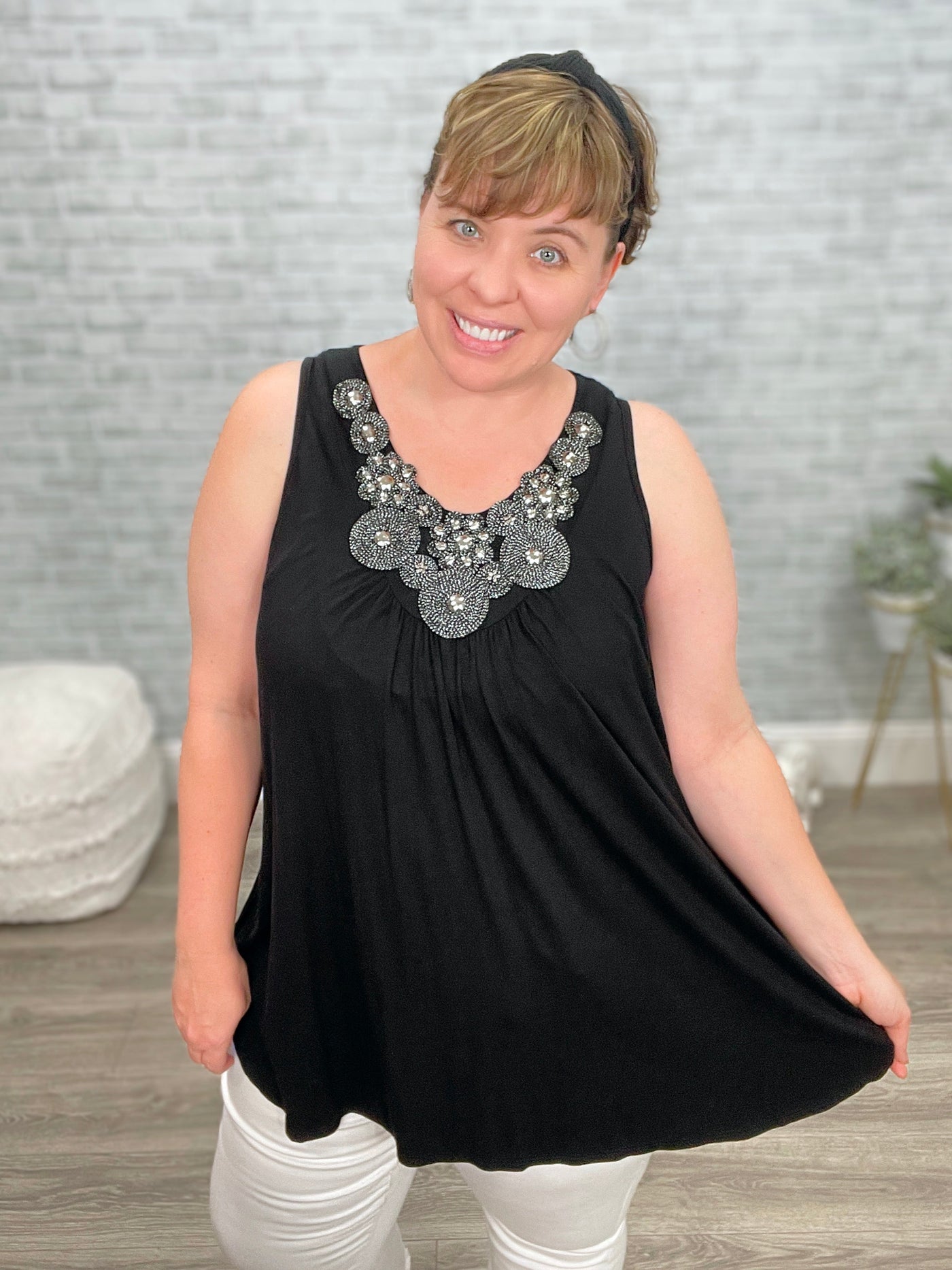 Sparkle and Shine Black Tank with Beaded Neck Detail