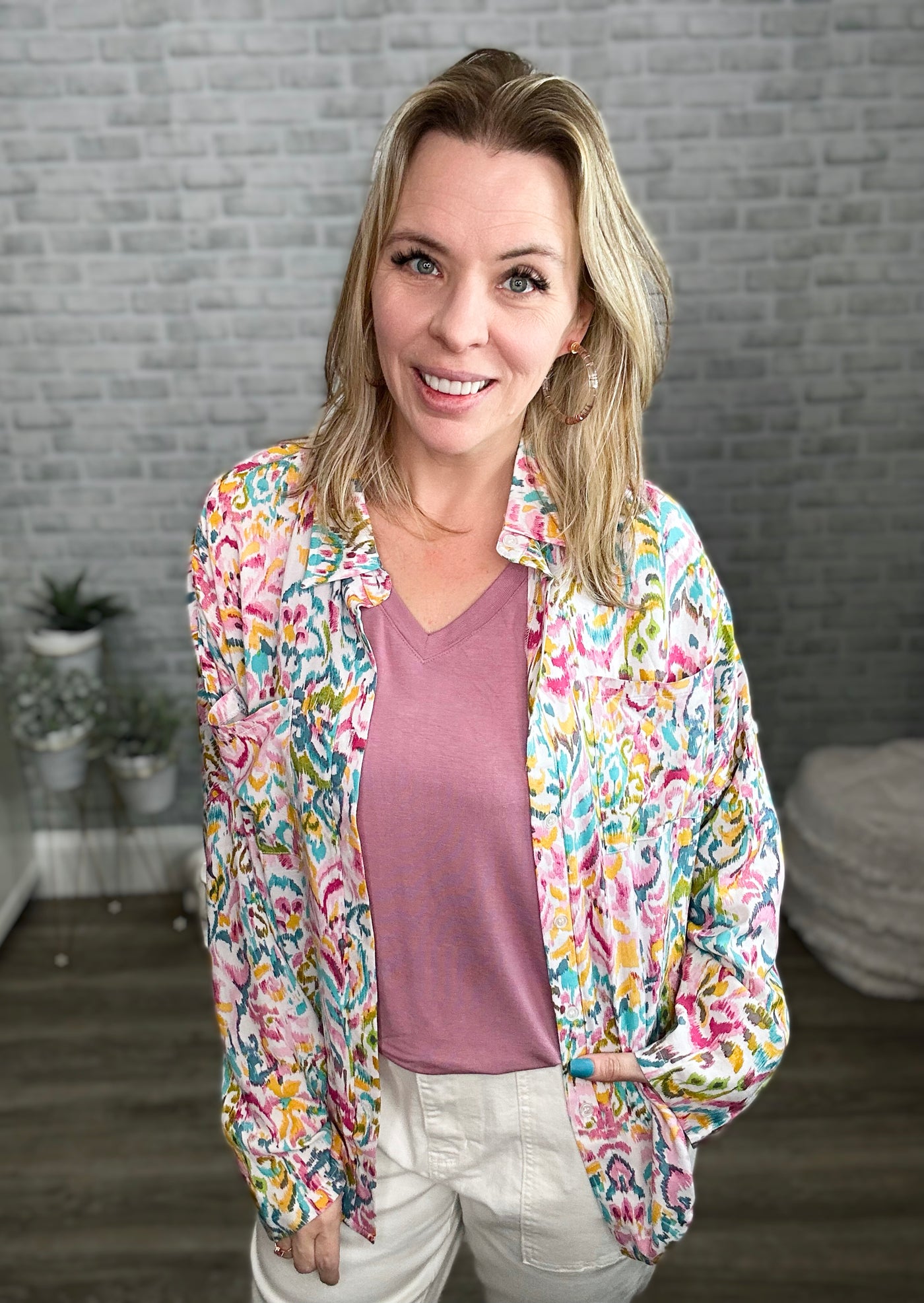 Multi Color Abstract Floral Button Down Top - Emily Wonder