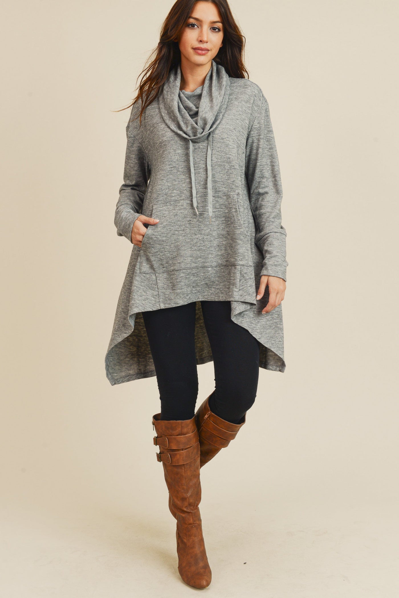 Oversized Funnel Neck Hi-Low Tunic with Thumbholes