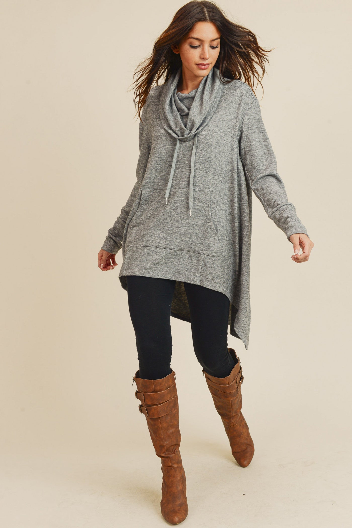 Oversized Funnel Neck Hi-Low Tunic with Thumbholes