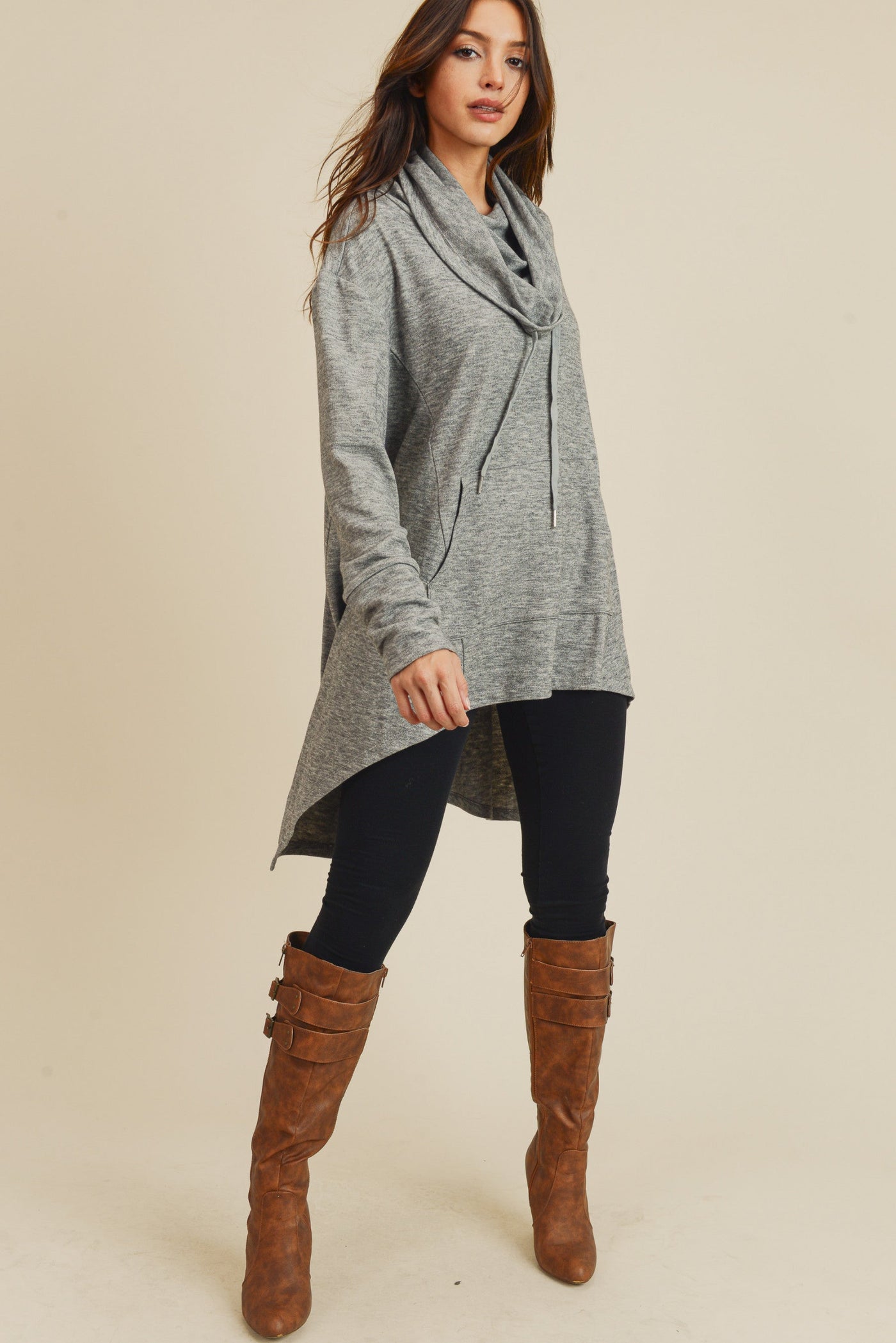 Oversized Funnel Neck Hi-Low Tunic with Thumbholes