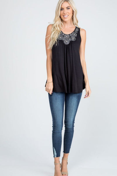 Sparkle and Shine Black Tank with Beaded Neck Detail