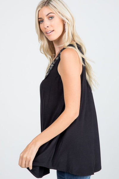 Sparkle and Shine Black Tank with Beaded Neck Detail