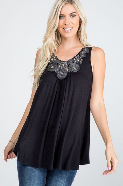 Sparkle and Shine Black Tank with Beaded Neck Detail