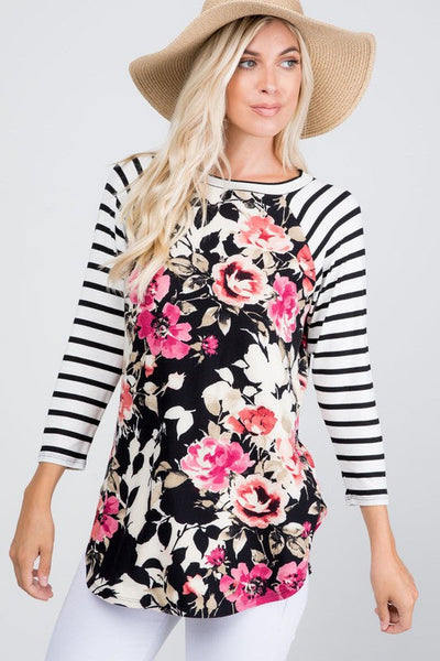 Black & Off White Pattern Mixing Floral and Stripes 3/4 Sleeve Top