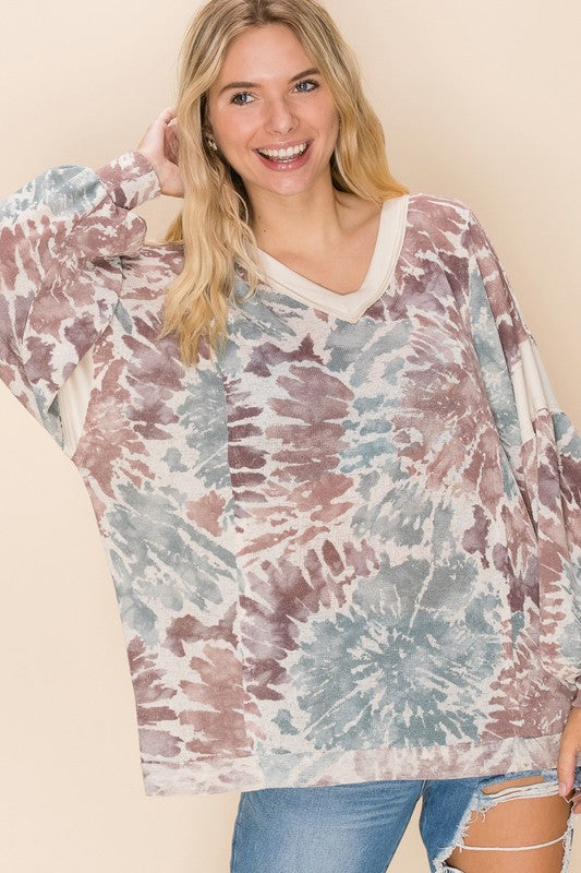 V-neck Tie Dye Blouson Sleeve Top