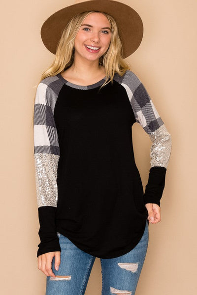 Black & Ivory Buffalo Plaid & Sparkly Long Sleeve Top - Sequins