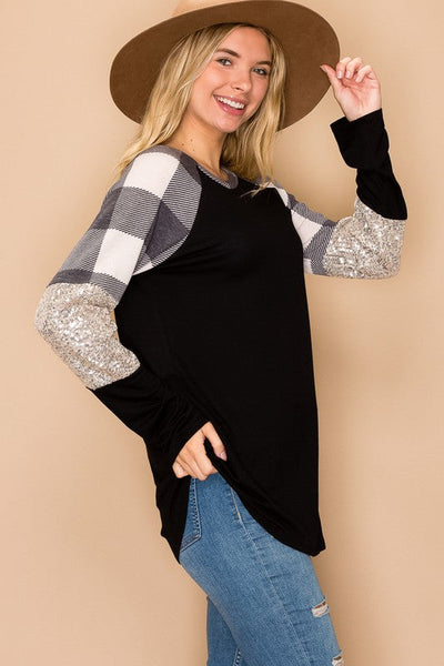 Black & Ivory Buffalo Plaid & Sparkly Long Sleeve Top - Sequins