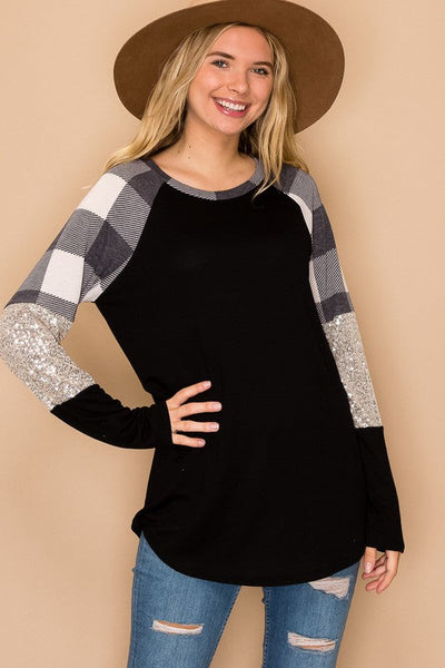 Black & Ivory Buffalo Plaid & Sparkly Long Sleeve Top - Sequins