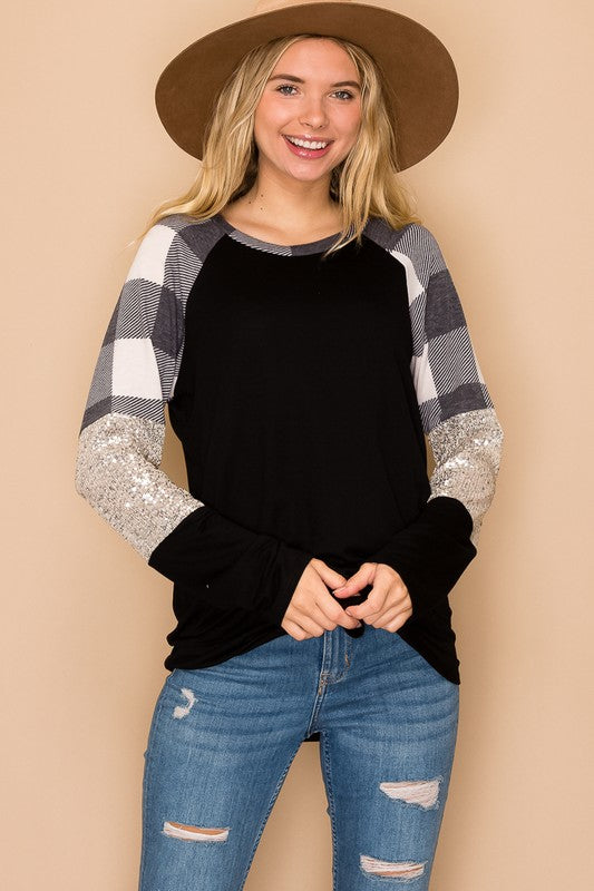 Black & Ivory Buffalo Plaid & Sparkly Long Sleeve Top - Sequins