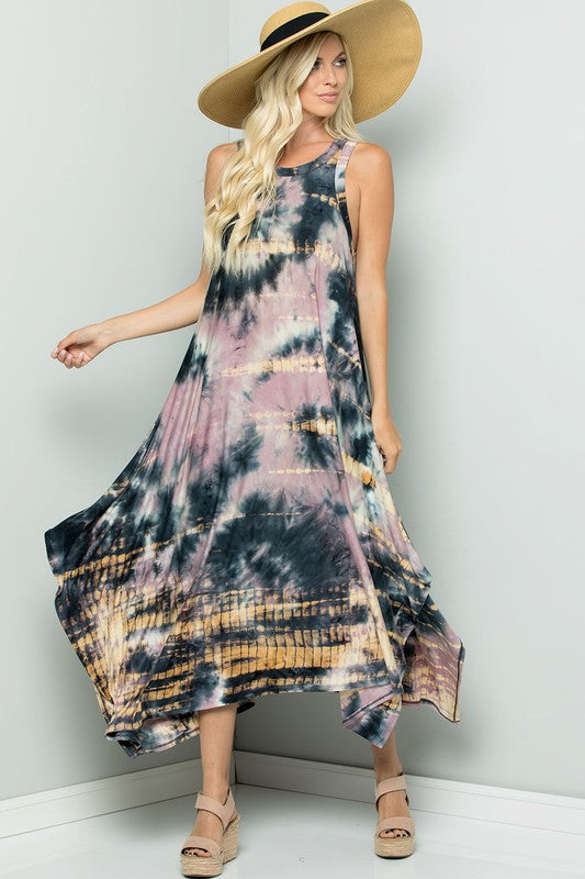 Flowy Super Soft Sleeveless Tie Dye Tank Dress - Mauve Ink