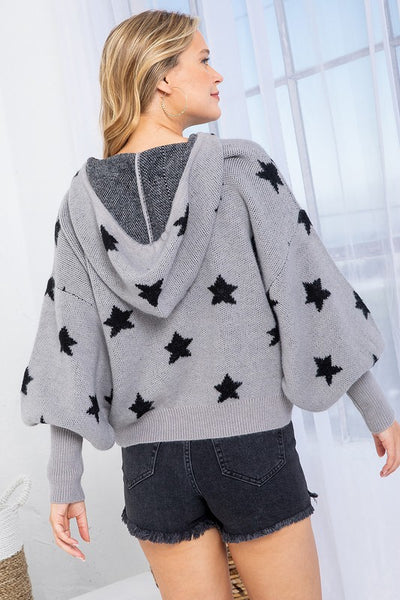 Hooded Knit Gray and Black Star Sweater