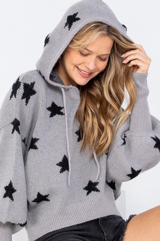 Hooded Knit Gray and Black Star Sweater