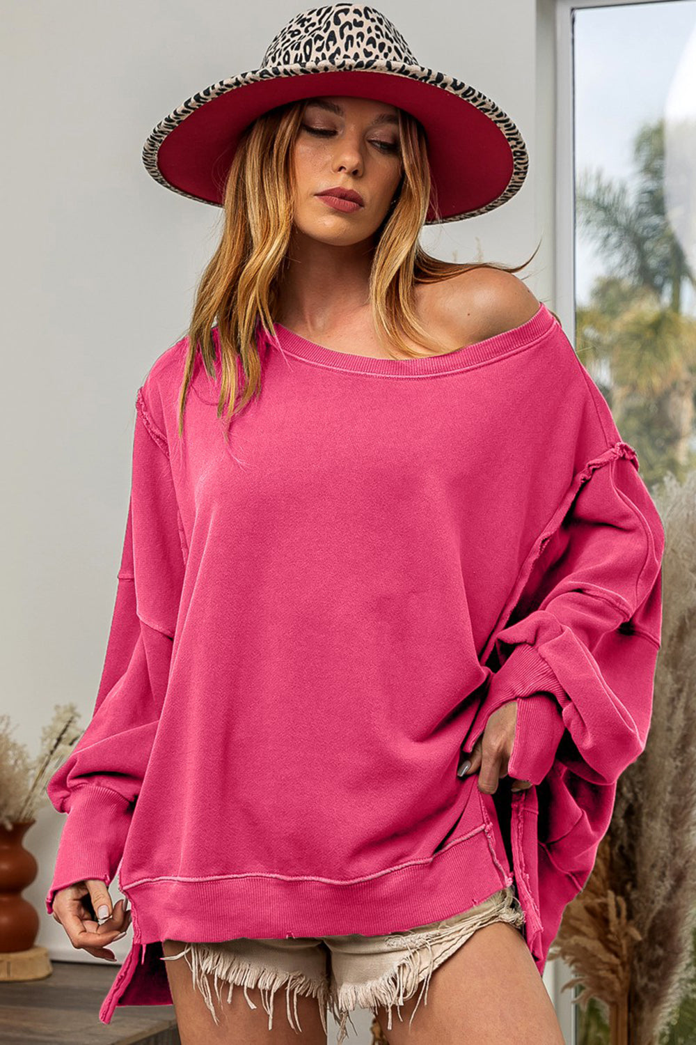 BiBi Fuchsia French Terry Side Slit Sweatshirt