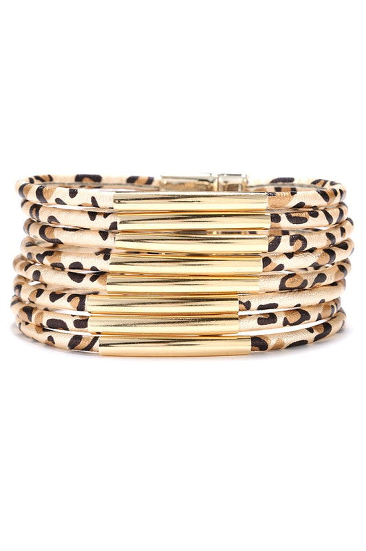Animal Print Multi Strand Leather Bracelet with Magnetic Clasp