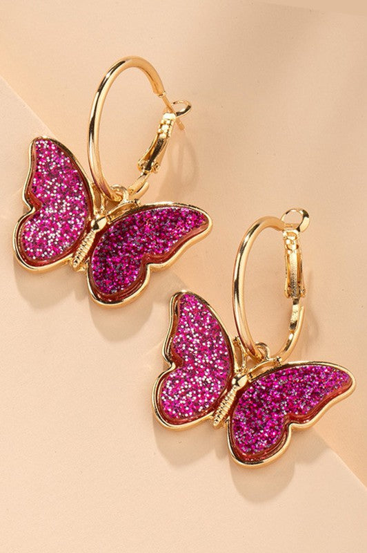 Pink Glitter Resin Butterfly Hoop Earrings