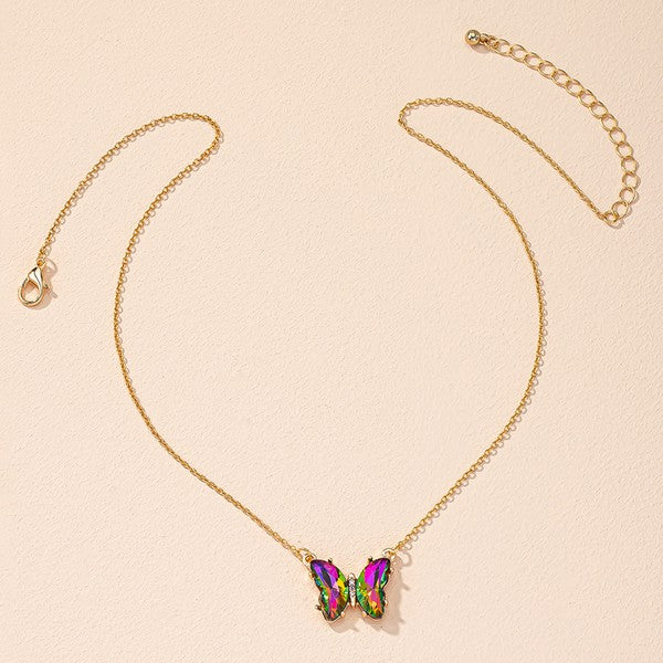 Aurora Borealis Glass Crystal Butterfly Necklace