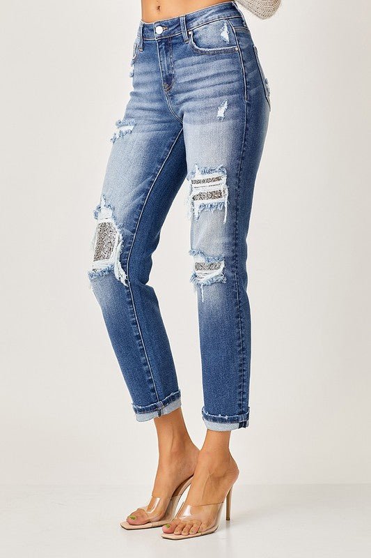 Silver Sequin Patch Jeans from Risen