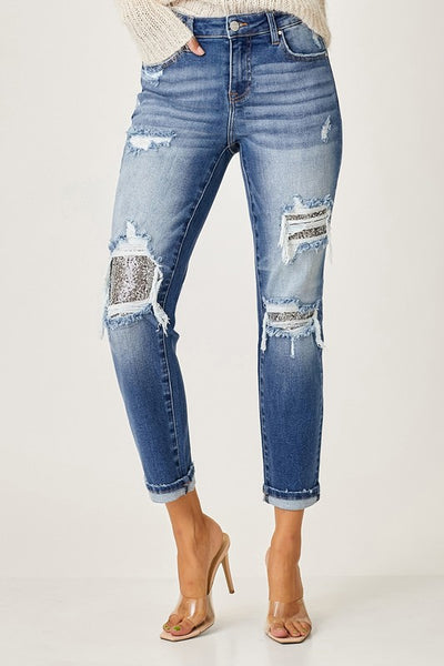 Silver Sequin Patch Jeans from Risen