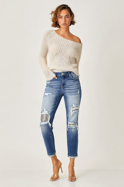 Silver Sequin Patch Jeans from Risen