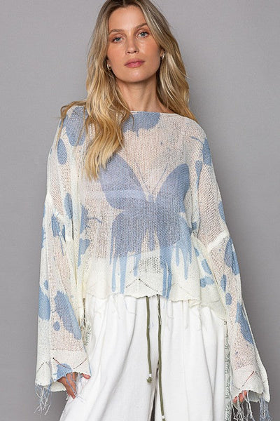 Oversized Butterfly Print Distressed Top from POL - Ivory/Blue