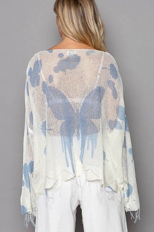 Oversized Butterfly Print Distressed Top from POL - Ivory/Blue