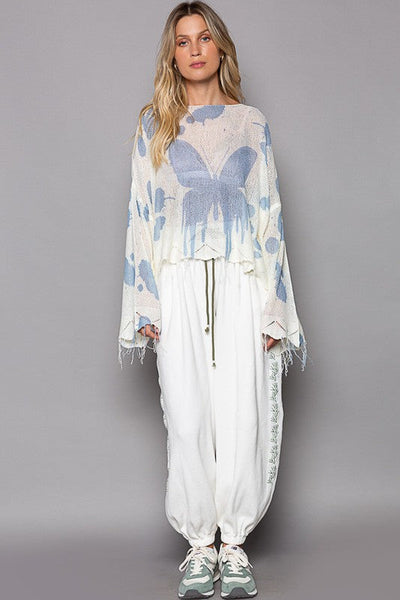 Oversized Butterfly Print Distressed Top from POL - Ivory/Blue