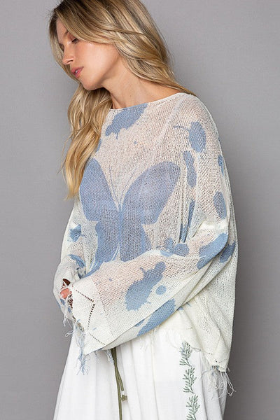 Oversized Butterfly Print Distressed Top from POL - Ivory/Blue