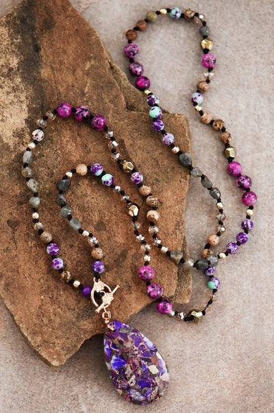 Natural Purple Jasper Stone Bead Necklace with Stone Pendant