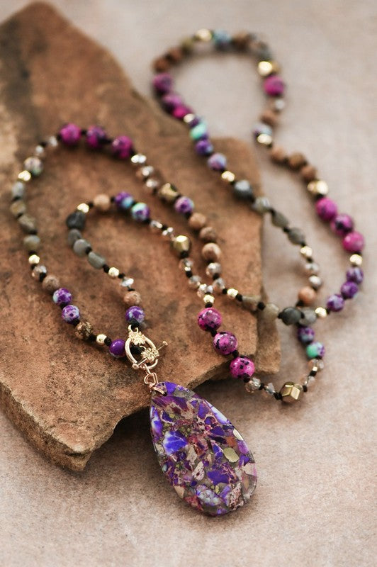 Natural Purple Jasper Stone Bead Necklace with Stone Pendant