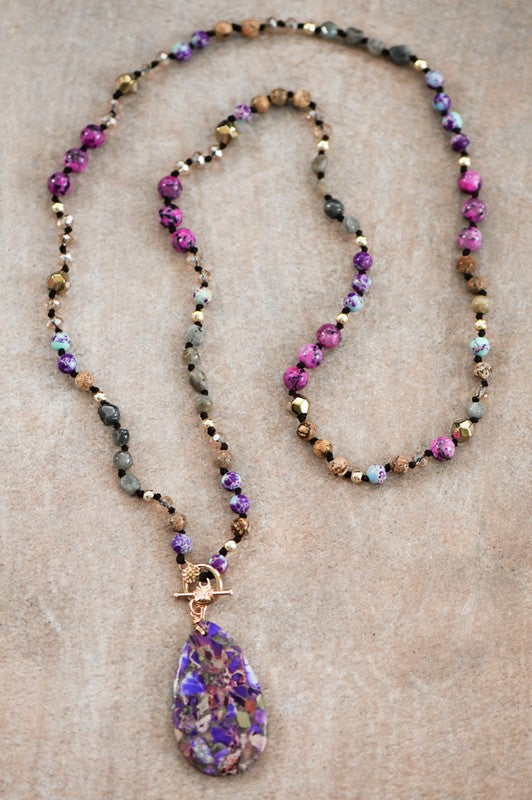 Natural Purple Jasper Stone Bead Necklace with Stone Pendant