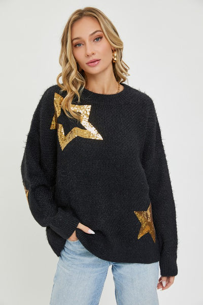 SOFT & Fuzzy Black Sweater with Gold Sequin Star Detail