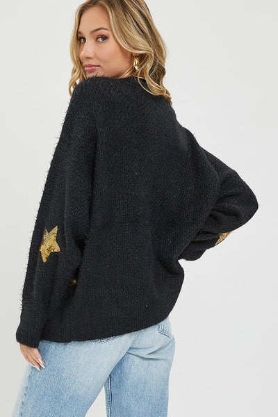 SOFT & Fuzzy Black Sweater with Gold Sequin Star Detail