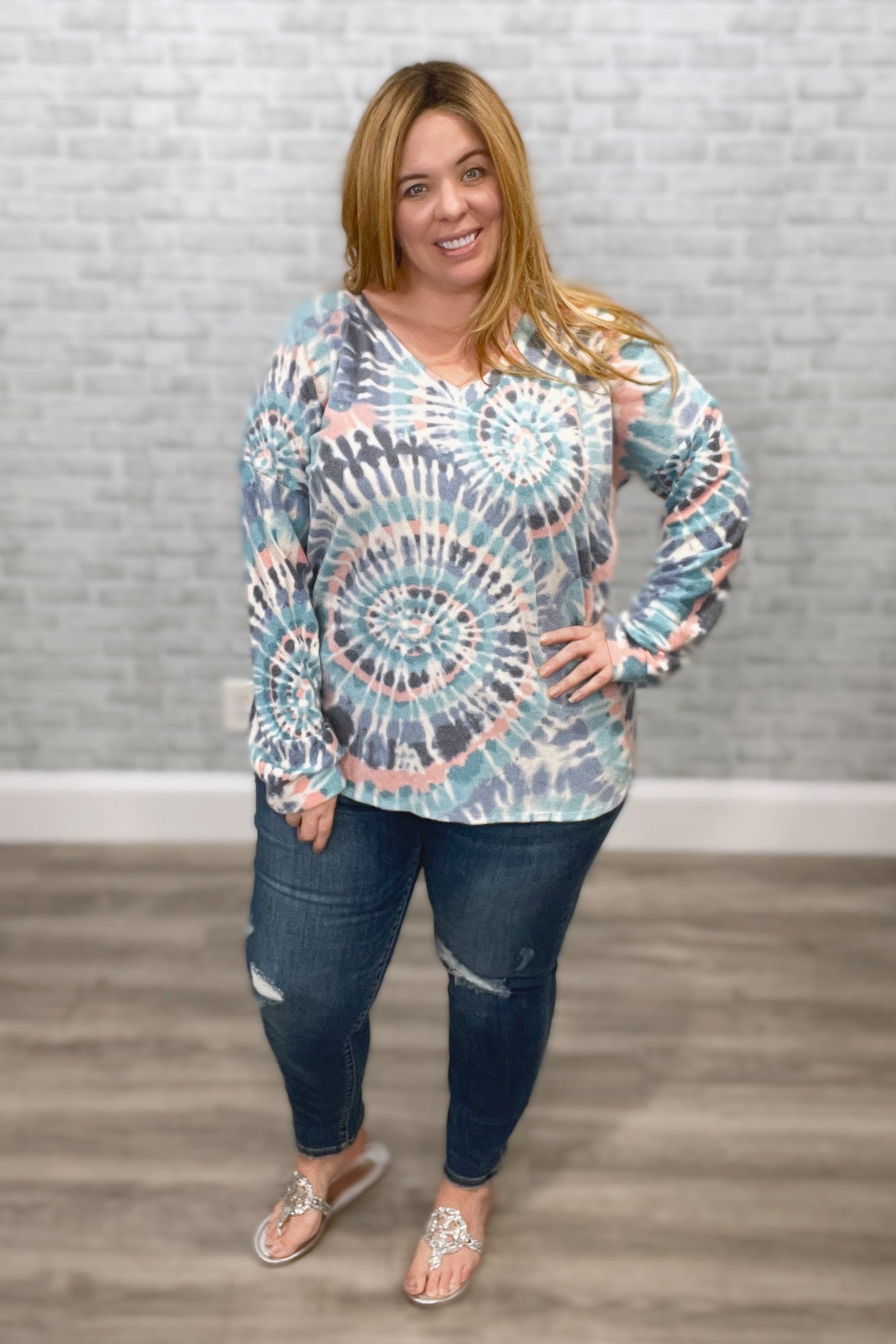 Teal Spiral Tie Dye Brushed Soft V-Neck Top