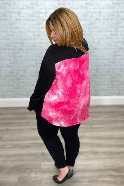 Black Tunic Top with Hot Pink Tie Dye Back & Accent Pocket