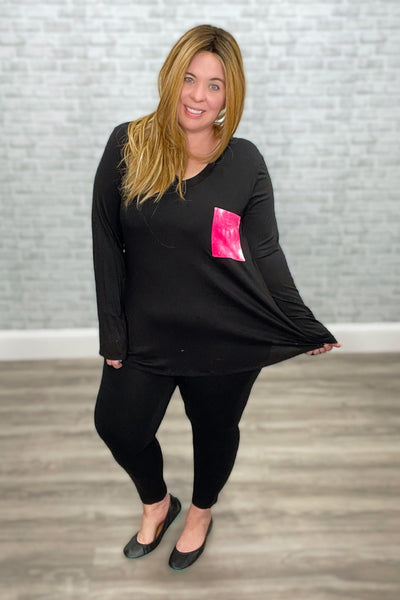 Black Tunic Top with Hot Pink Tie Dye Back & Accent Pocket