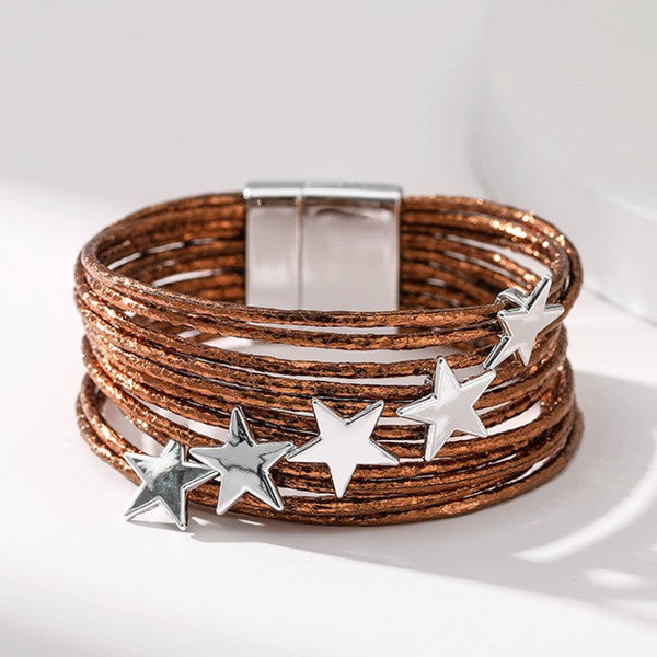 Multi Strand Leather Bracelets with Stars - 3 Colors