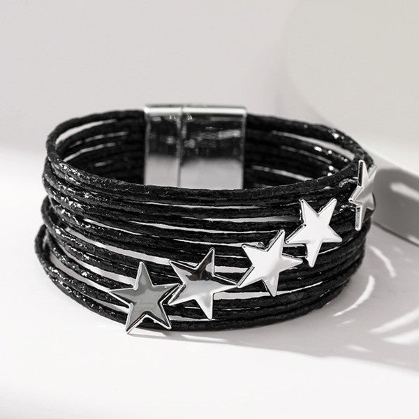 Multi Strand Leather Bracelets with Stars - 3 Colors