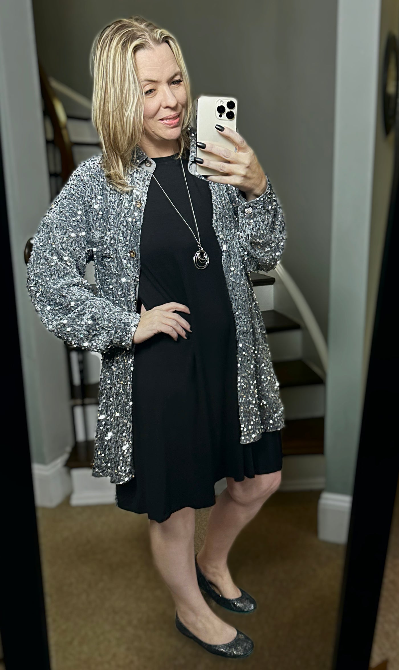 2 Colors - Sequins and Velvet Button Down Shirt Dress / Cardigan