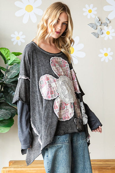 Mineral Washed Boho Oversized Boxy Flower Top - Oli & Hali