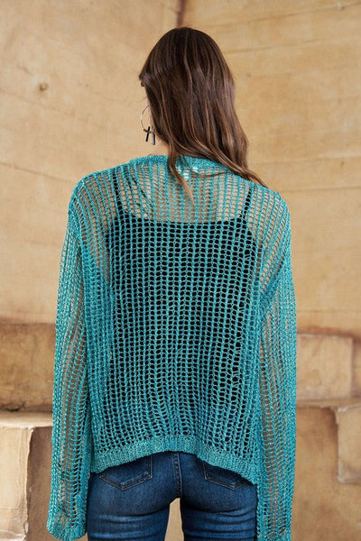 Jade Metallic Fishnet Open Knit Top with Lurex