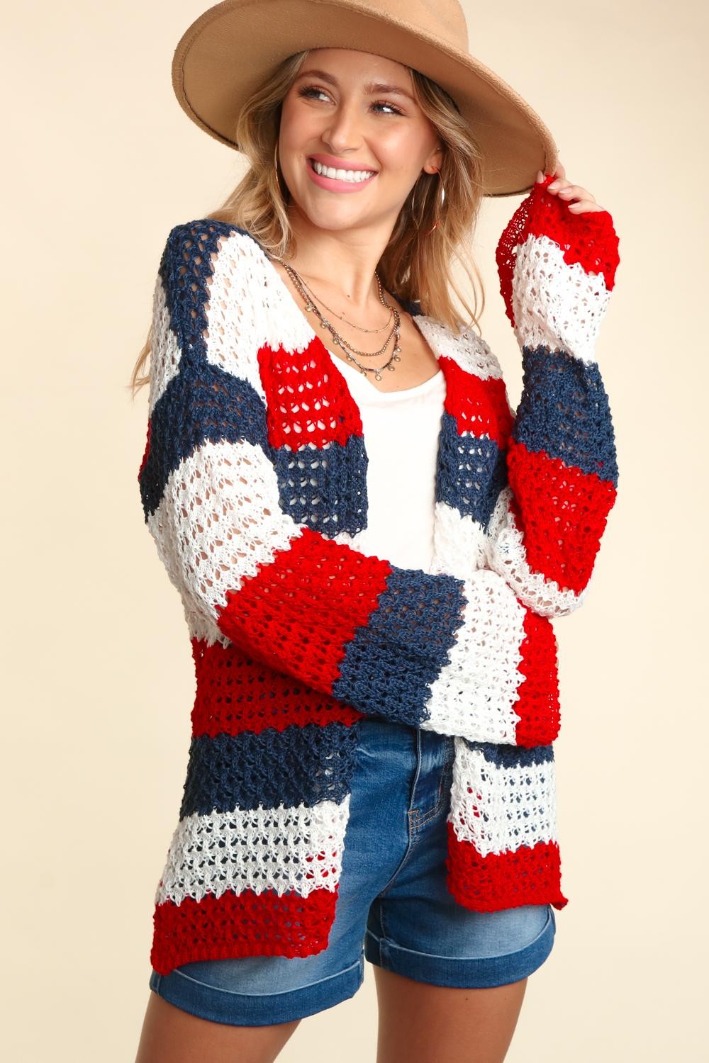 Red, White & Blue Stripe Open Knit Cardigan