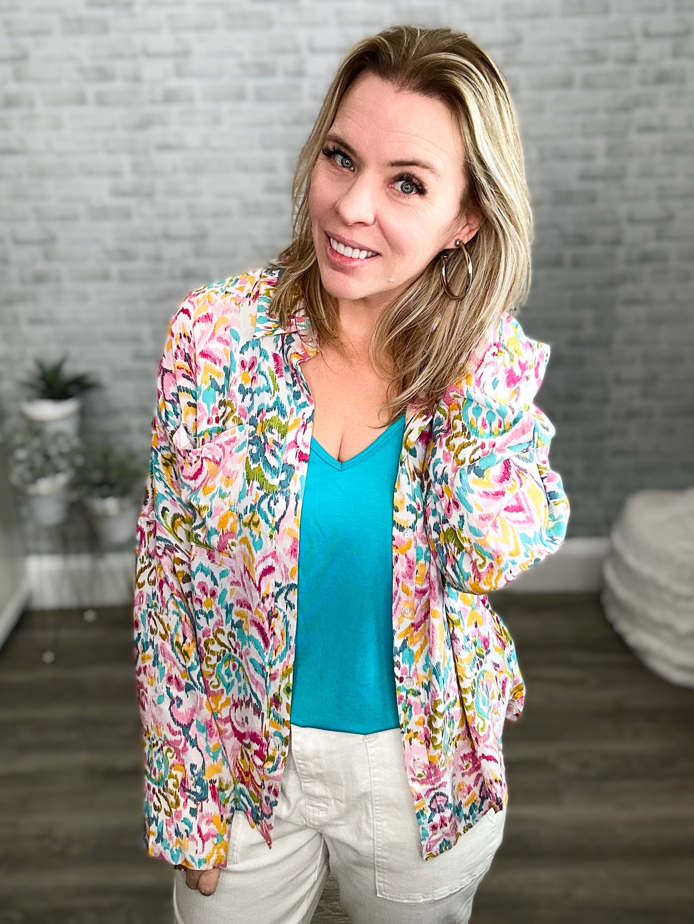 Multi Color Abstract Floral Button Down Top - Emily Wonder