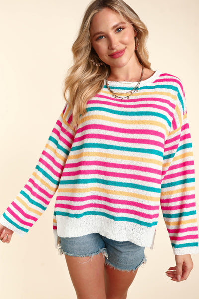 White Fuchsia Teal Striped Lightweight Summer Sweater