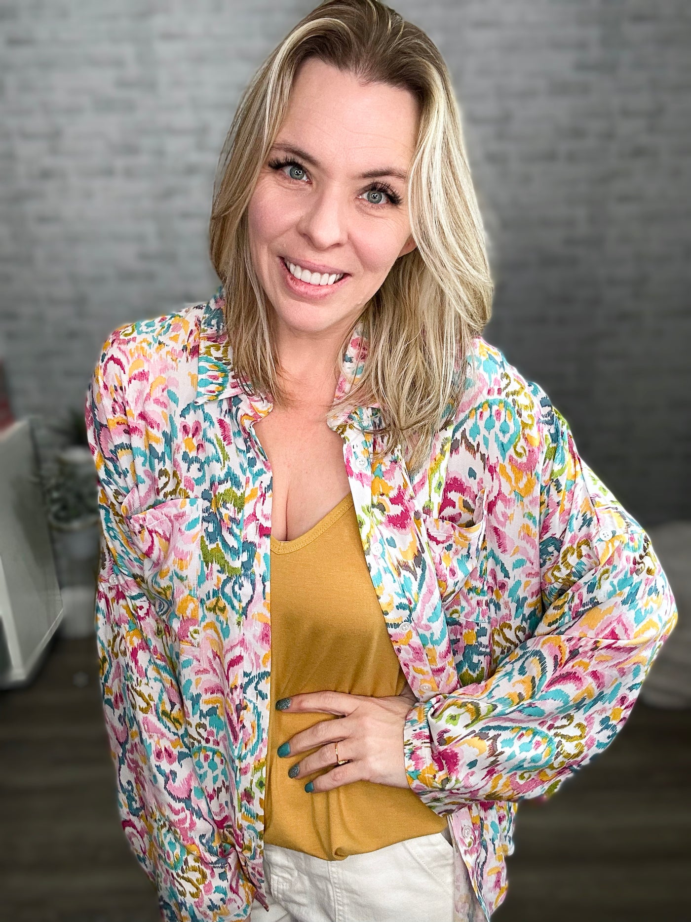 Multi Color Abstract Floral Button Down Top - Emily Wonder